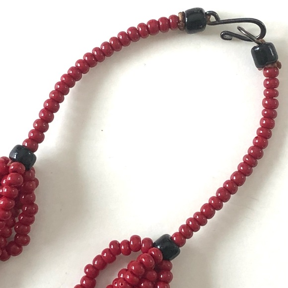 Handmade boho tribal necklace red, Prussian blue and marigold, 22” - Picture 6 of 6